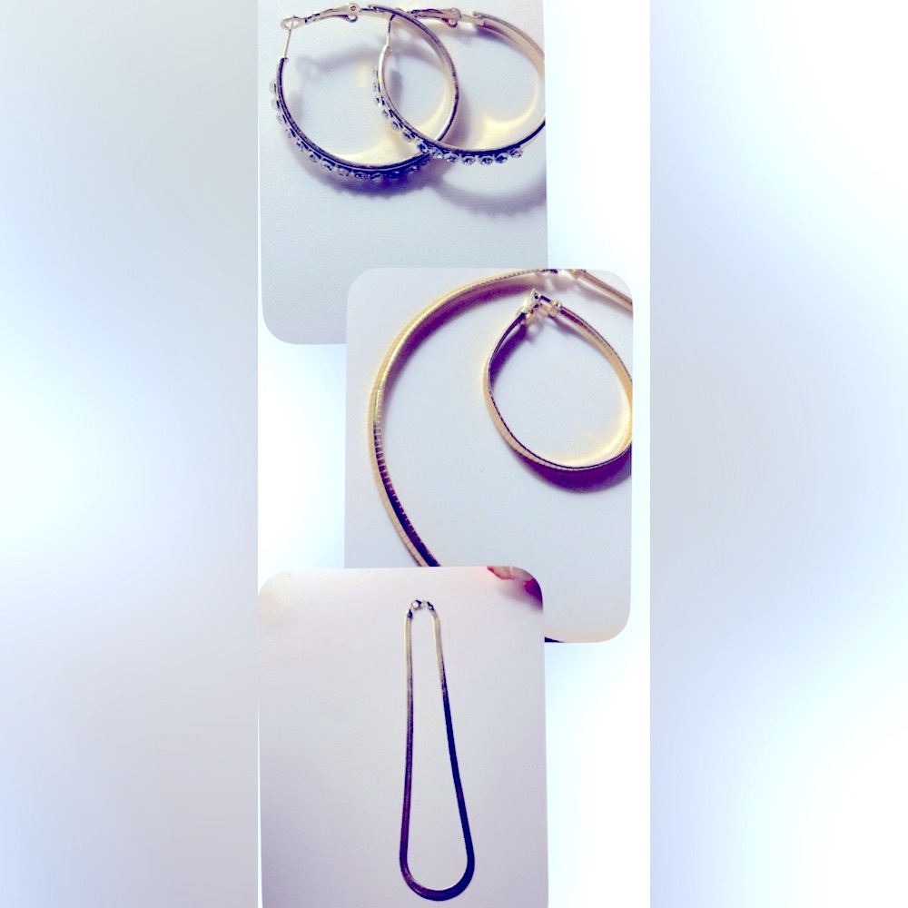 4 pc goldtone 1980s link necklace & bracelet; flat link chain; hoops rhinestones